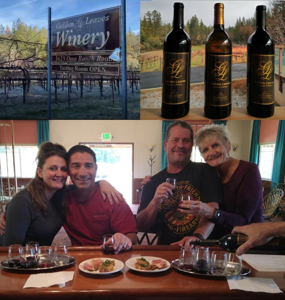 Collage of Golden Leaves Vineyard & Winery sign, three bottles of wine with vineyard in background, a tasting party of four with wine glasses & tasting plates