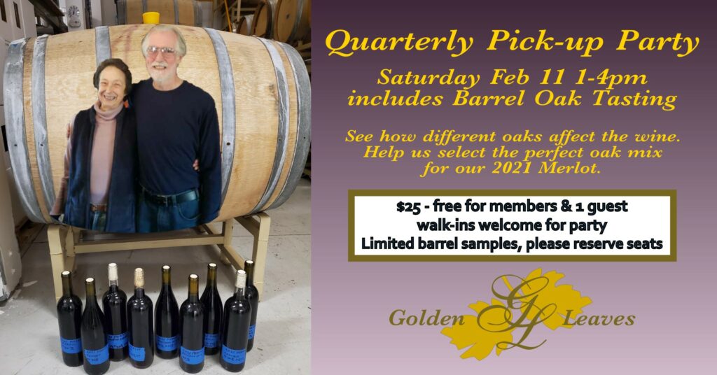 Owners superimposed on wine barrel with oak testing bottles in front.  Quarterly Pick-up Party  Saturday Feb 11 1-4pm includes Barrel Oak Tasting.  See how different oaks affect the wine.  Help us select the perfect oak mix for our 2021 Merlot.  $25 - free for members & 1 guest  Walk-ins welcom for party.  Limited barrel samples, please reserve seats by using our contact page or calling 530-620-1888