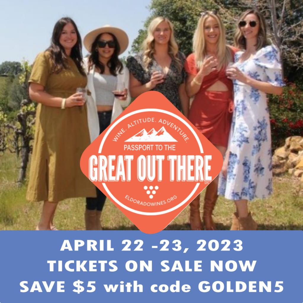 Five women posing with wine glasses in a vineyard with logo for Passport to the Great Out There, April 22-23, 2023.  Tickets on sale now.  Save $5 with code GOLDEN5