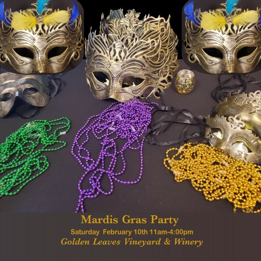 Picture of masks & beads that will be available at Mardis Gras Party, Saturday February 10th 11am-4pm, Golden Leaves Vineyard & Winery