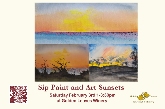 Three sunset watercolor paintings.  Sip Paint and Art Sunsets Saturday February 3rd, 1-3:30pm at Golden Leaves Winery.  